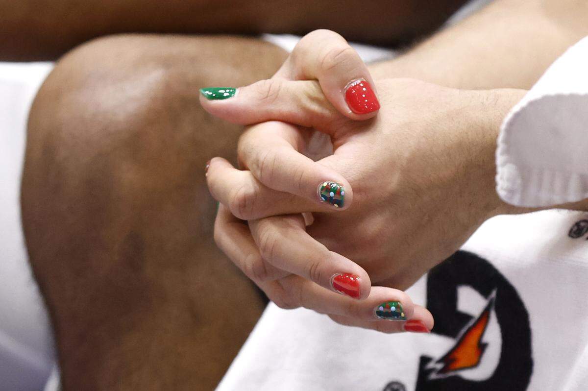 Duke’s Jared McCain had his nail painted with a Christmas design for the Blue Devils game against Queens University at Cameron Indoor Stadium in Durham, N.C., Saturday, Dec. 30, 2023.