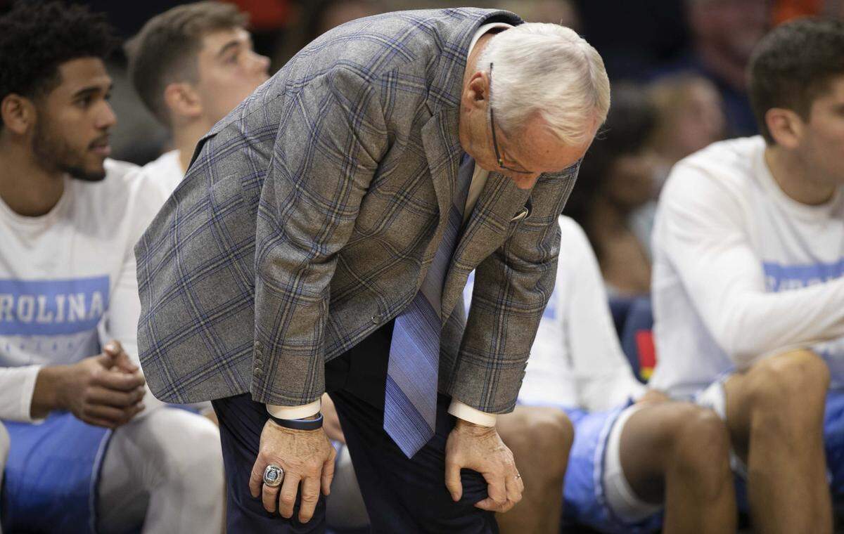 North Carolina coach Roy Williams reacts to poor play by his team during the second half against Virginia on Sunday, December 8, 2019 at John Paul Jones Arena in Charlottesville, Va.