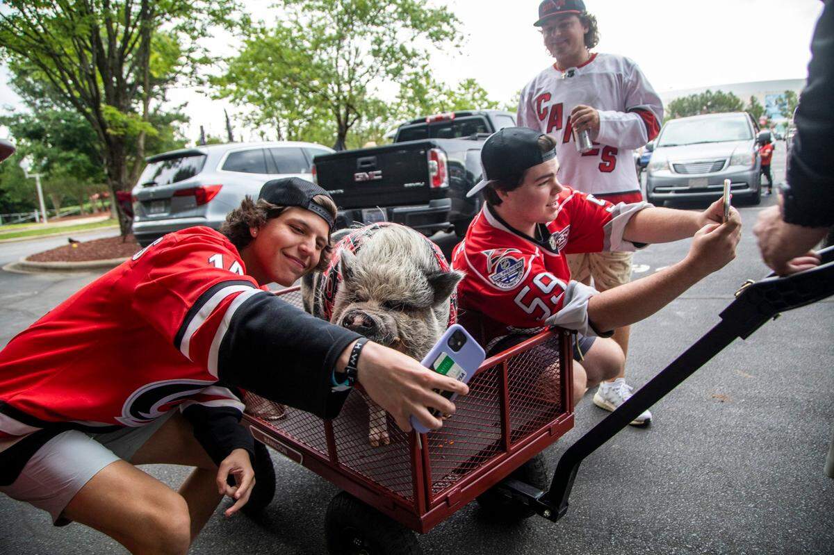 Micah Patchin, left, and Austin Davis pose for selfies with Hamilton the Pig prior to Game 1 of the Stanley Cup Playoffs against the Nashville Predators at PNC Arena Monday, May 17, 2021.