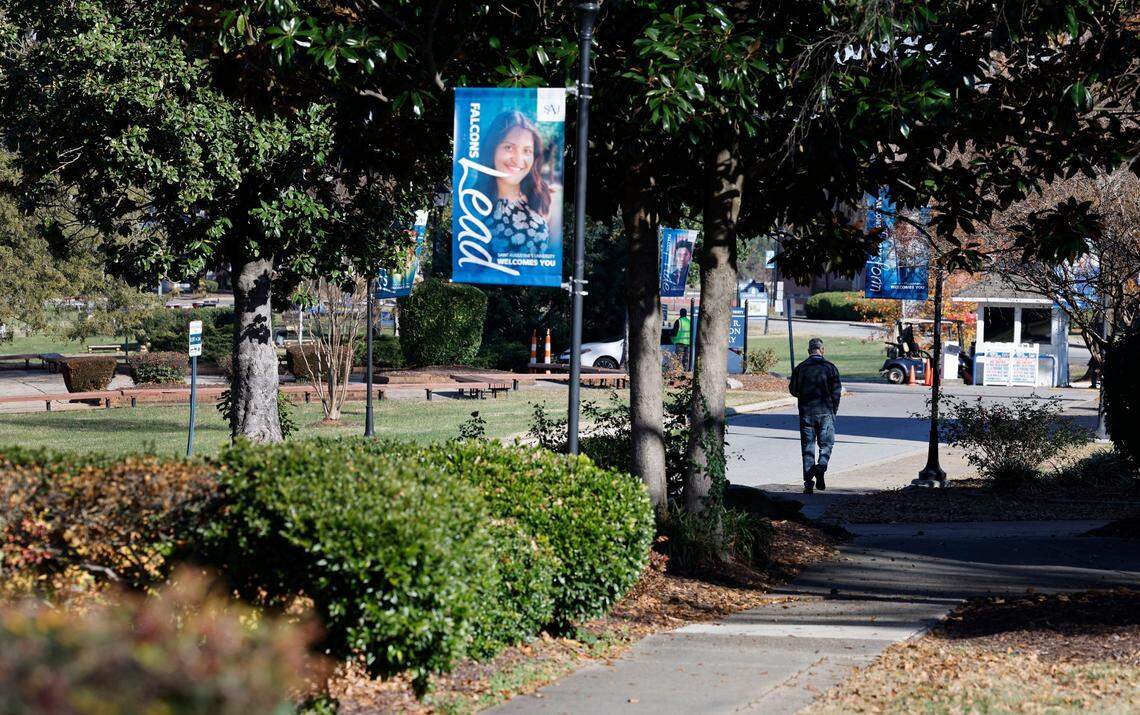 The tree lined street of Prezell R Robinson Library Circle welcomes students, teachers, staff and visitors to St. Augustine’s University in Raleigh, N.C., photographed Tuesday, Dec. 5, 2023.
