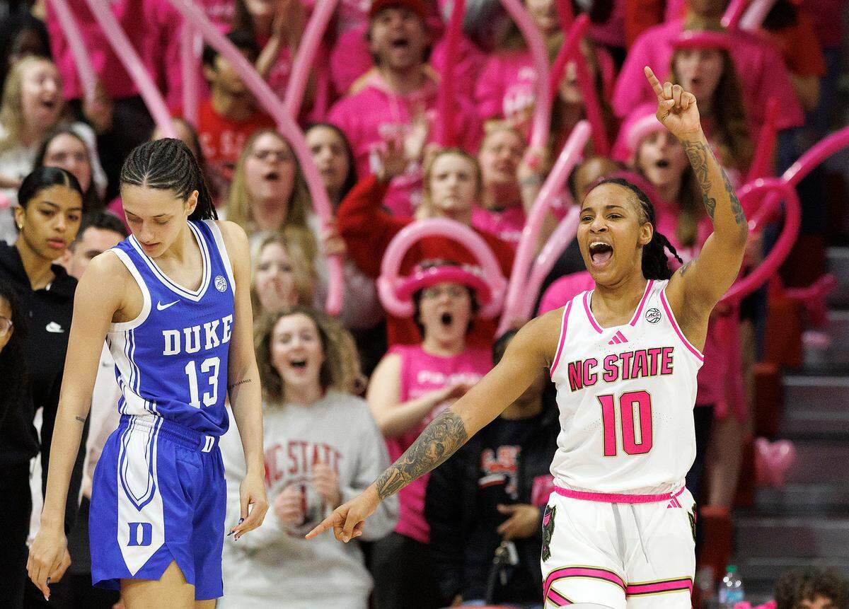 N.C. State’s Aziaha James reacts following a Duke turnover late in the second half of the Wolfpack’s 89-83 win in the Play4Kay Game on Monday, Feb. 3, 2025, at Reynolds Coliseum in Raleigh, N.C.