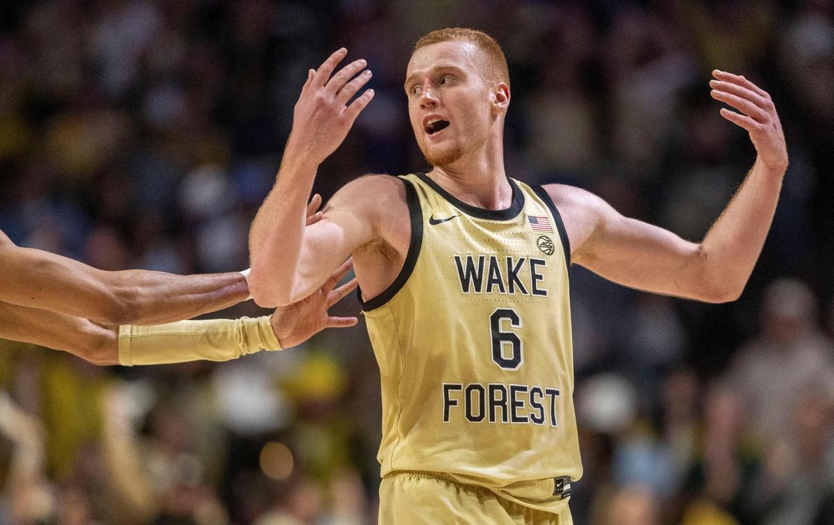 Wake Forest’s Cameron Hildreth (6) reacts after sinking a basket to give the Demon Deacons a 42-39 lead over North Carolina in the second half on Tuesday, January 21, 2025 at Lawrence Joel Coliseum in Winston-Salem, N.C. Hildreth scored 20 points leading Wake to a 67-66 victory.