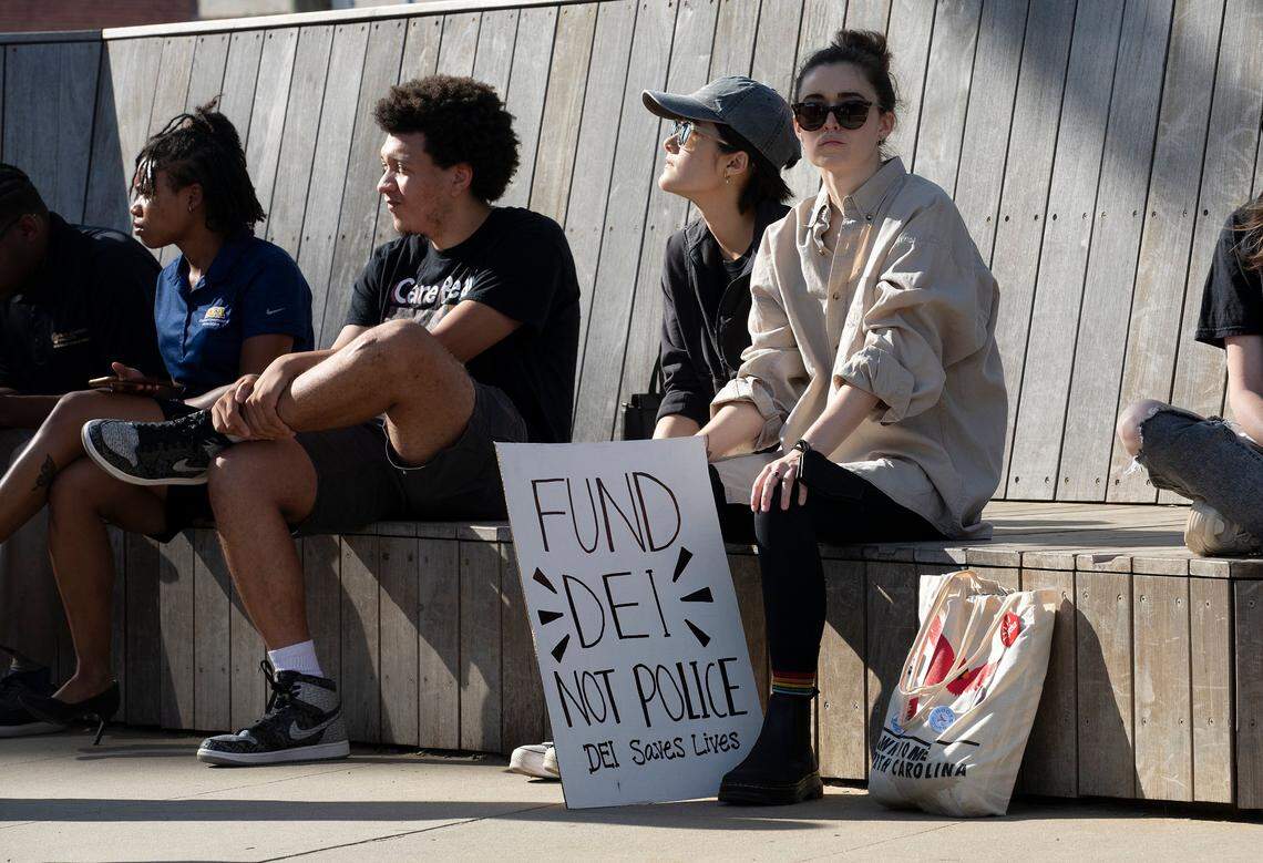 Students from various UNC System universities rally outside the system office in Raleigh on May 23, 2024, ahead of the Board of Governors’ vote on a policy to repeal DEI mandates at all NC public universities. 