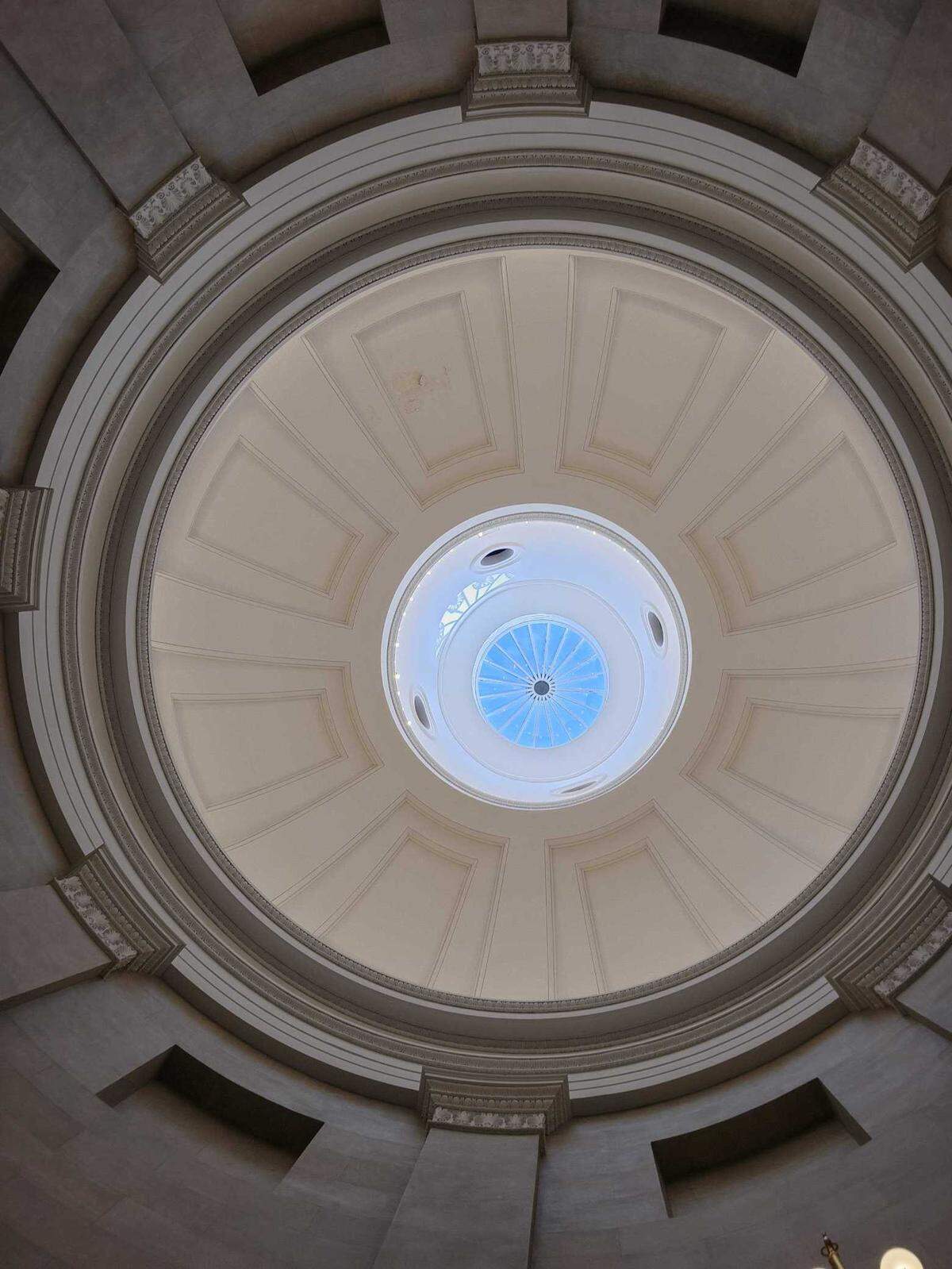 Looking up under the dome of the historic North Carolina Capitol building, from the rotunda inside.