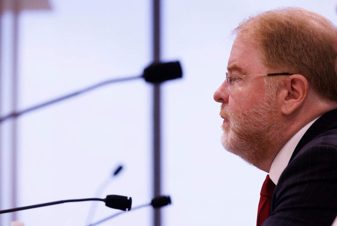 UNC System President Peter Hans listens during a meeting of the Board of Governors on Thursday, May 23, 2024, in Raleigh, N.C.
