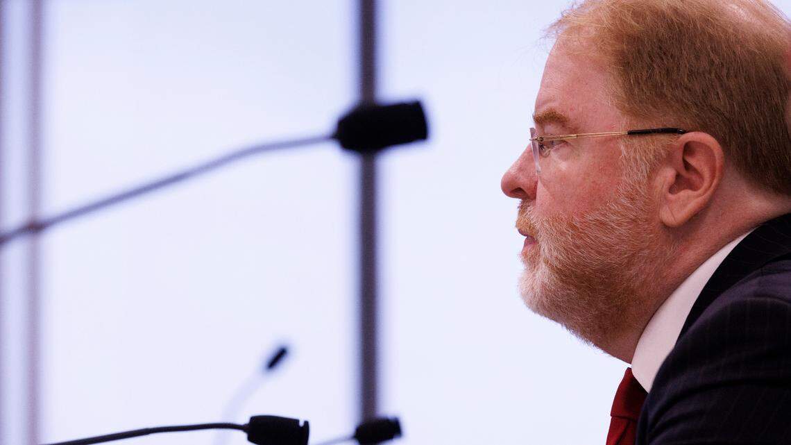 UNC System President Peter Hans listens during a meeting of the Board of Governors on Thursday, May 23, 2024, in Raleigh, N.C.