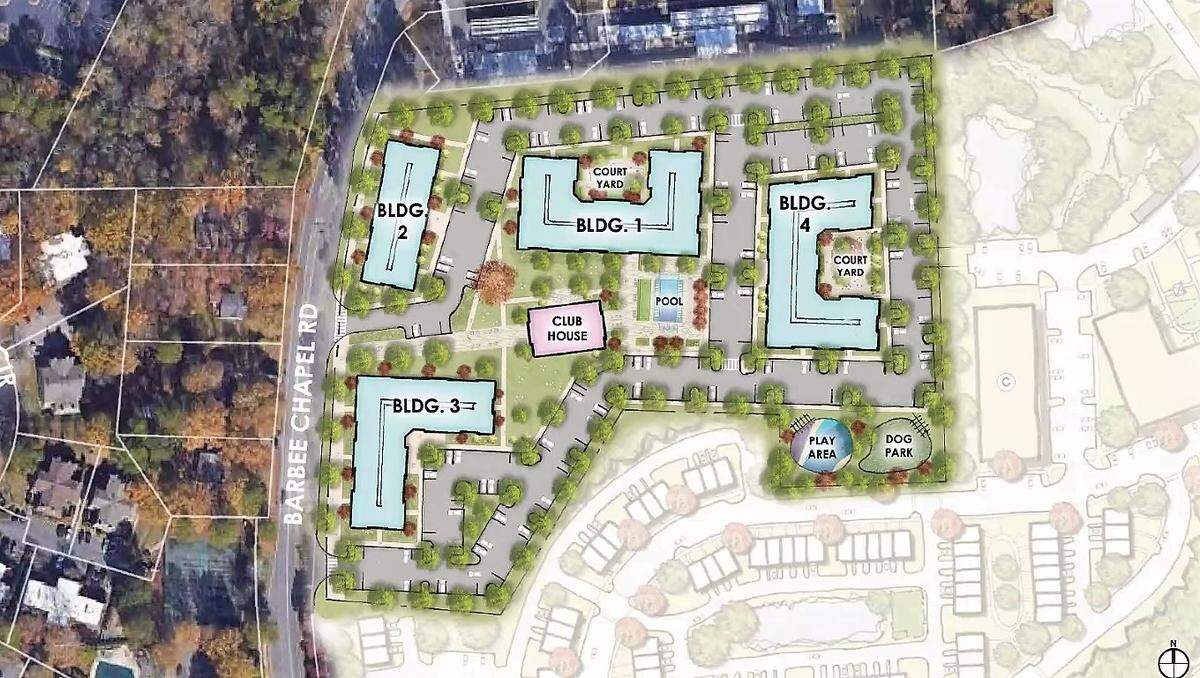 A driveway with roughly 500 parking spaces would wrap around the Barbee Chapel apartment buildings in Chapel Hill. The project also includes several amenities, including a clubhouse, pool and playground.