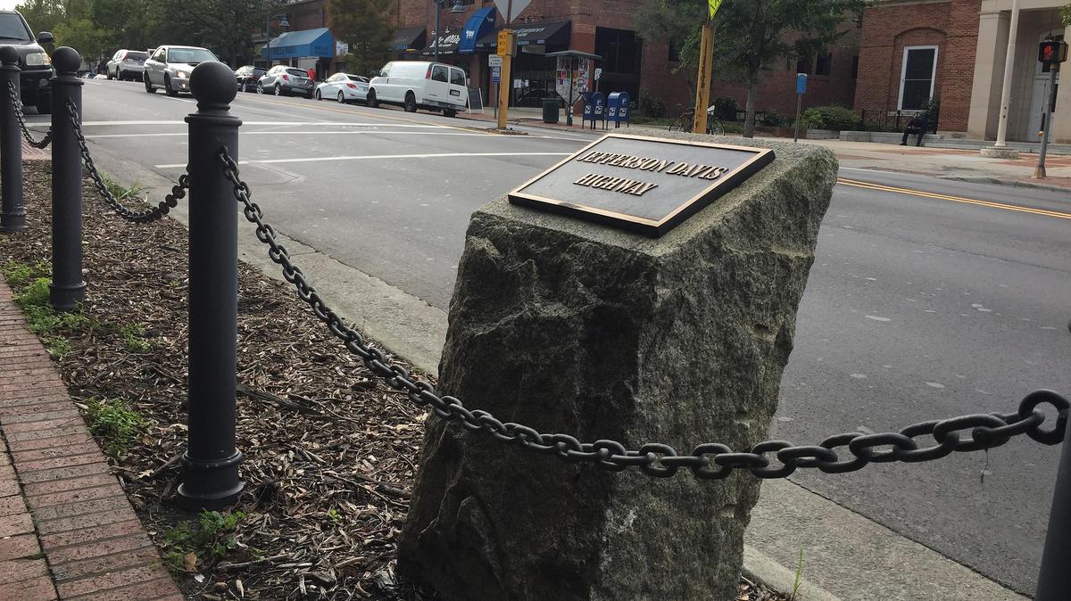 This stone marker sits at the intersection of East Franklin and Henderson streets in Chapel Hill recognizing U.S. 15 through Orange County as part of the Jefferson Davis Highway. The marker sits in the N.C. Department of Transportation right of way, but may be privately owned.