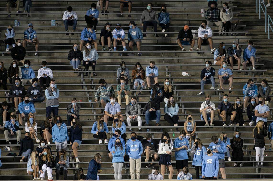 Fans are show somewhat socially distanced in the North Carolina student section during the Tar Heels’ game against Notre Dame on Friday, November 27, 2020 at Kenan Stadium in Chapel Hill, N.C.