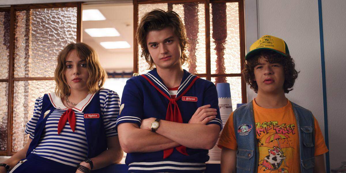 (L-R): Maya Hawke, Joe Keery and Gaten Matarazzo in Season 3 of the Netflix series “Stranger Things.”