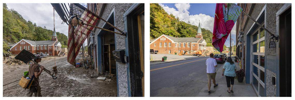 At left, Jen Dombrowski arrives in downtown Marshall to help a friend clean up her business on Tuesday, Oct. 1, 2024 after catastrophic flooding of the French Broad River. At right, the same spot has been repaired and tourists are returning to town.