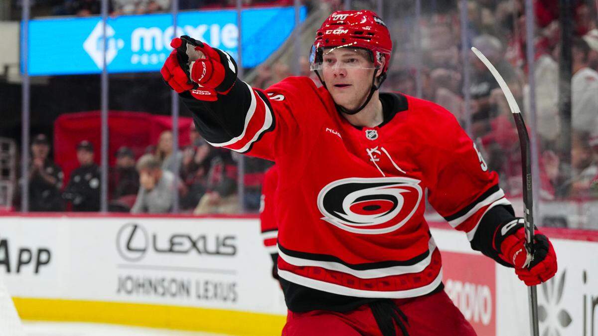 Nov 7, 2024; Raleigh, North Carolina, USA; Carolina Hurricanes left wing Eric Robinson (50) celebrates his goal against the Pittsburgh Penguins during the third period at Lenovo Center. Mandatory Credit: James Guillory-Imagn Images