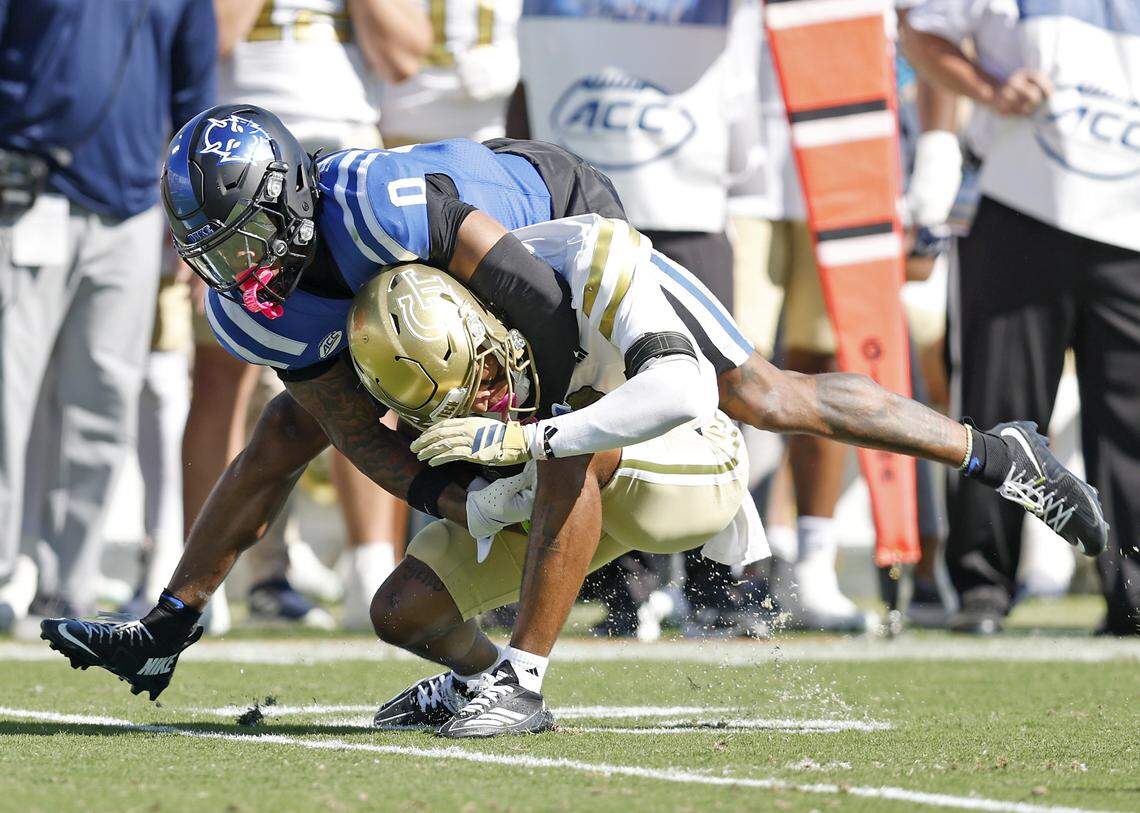 Duke’s Chandler Rivers pressures Georgia Tech’s Eric Rivers during the second half of the Blue Devils’ 27-18 loss on Saturday, Oct. 18, 2025, at Wallace Wade Stadium in Durham, N.C.