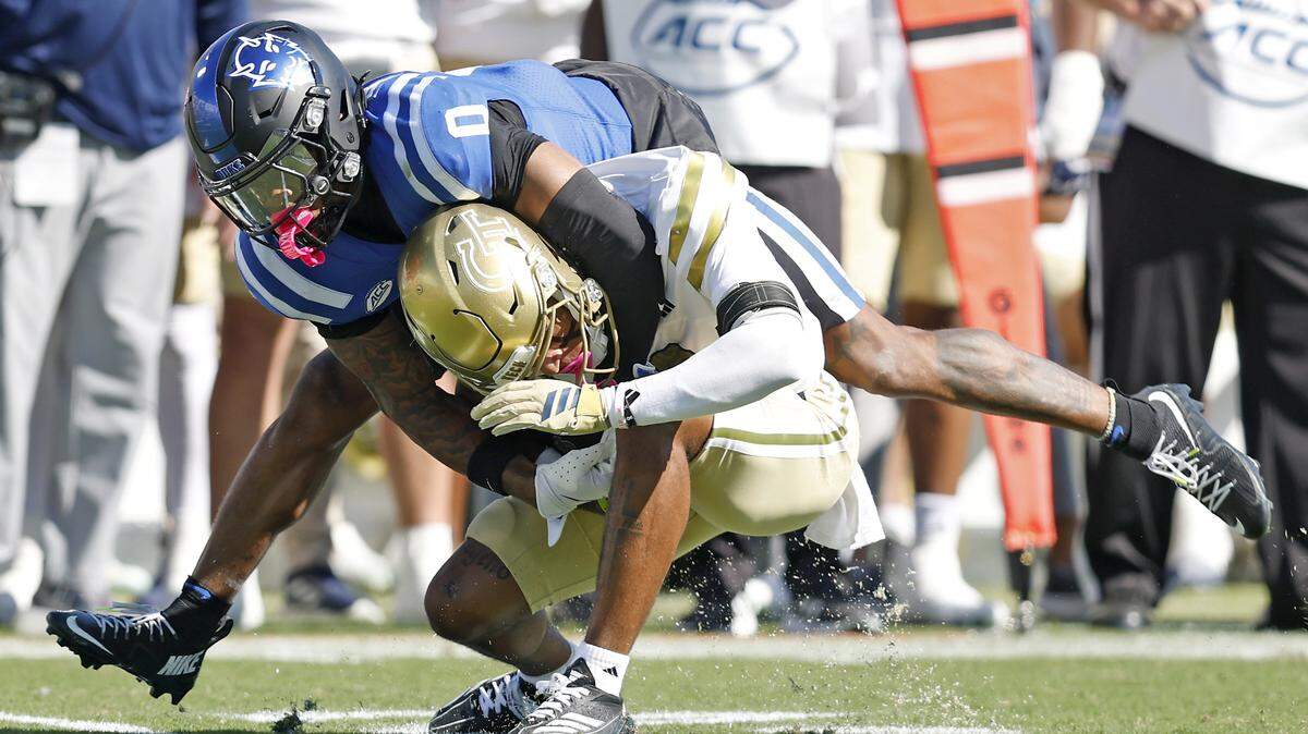 Duke’s Chandler Rivers pressures Georgia Tech’s Eric Rivers during the second half of the Blue Devils’ 27-18 loss on Saturday, Oct. 18, 2025, at Wallace Wade Stadium in Durham, N.C.
