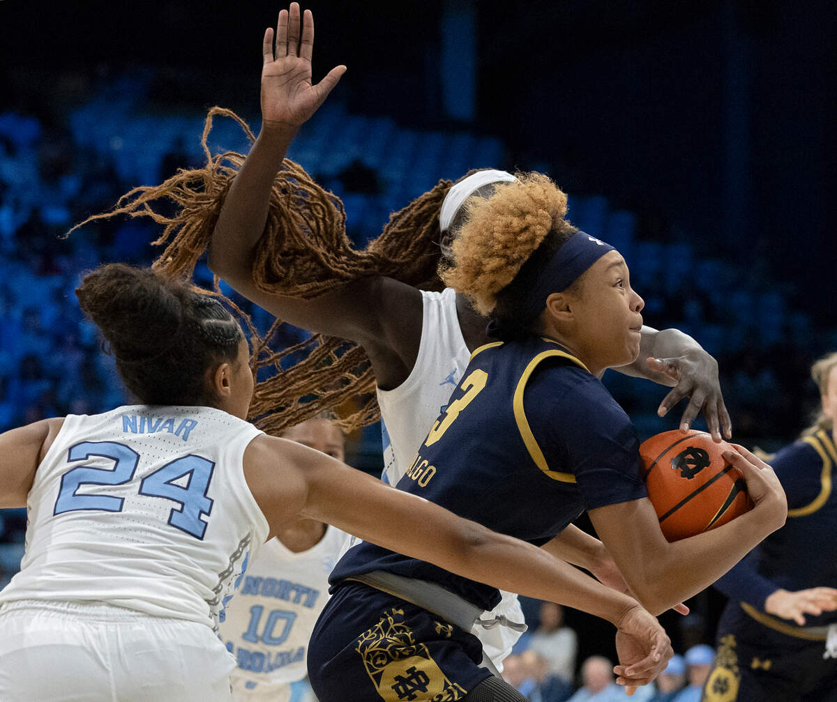 Notre Dame’s Hannah Hidalgo drives through the North Carolina defense during the second half of the Tar Heels’ 76-66 loss on Sunday, Jan. 5, 2025, at Carmichael Arena in Chapel Hill, N.C.