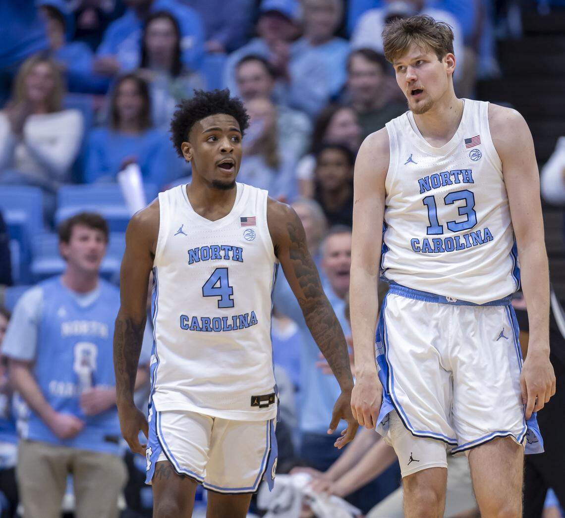 North Carolina guard Jaydon Young (4) talks with center Henri Veesaar (13) in the second half against Notre Dame on Wednesday, January 21, 2026 at the Smith Center in Chapel Hill, N.C. 