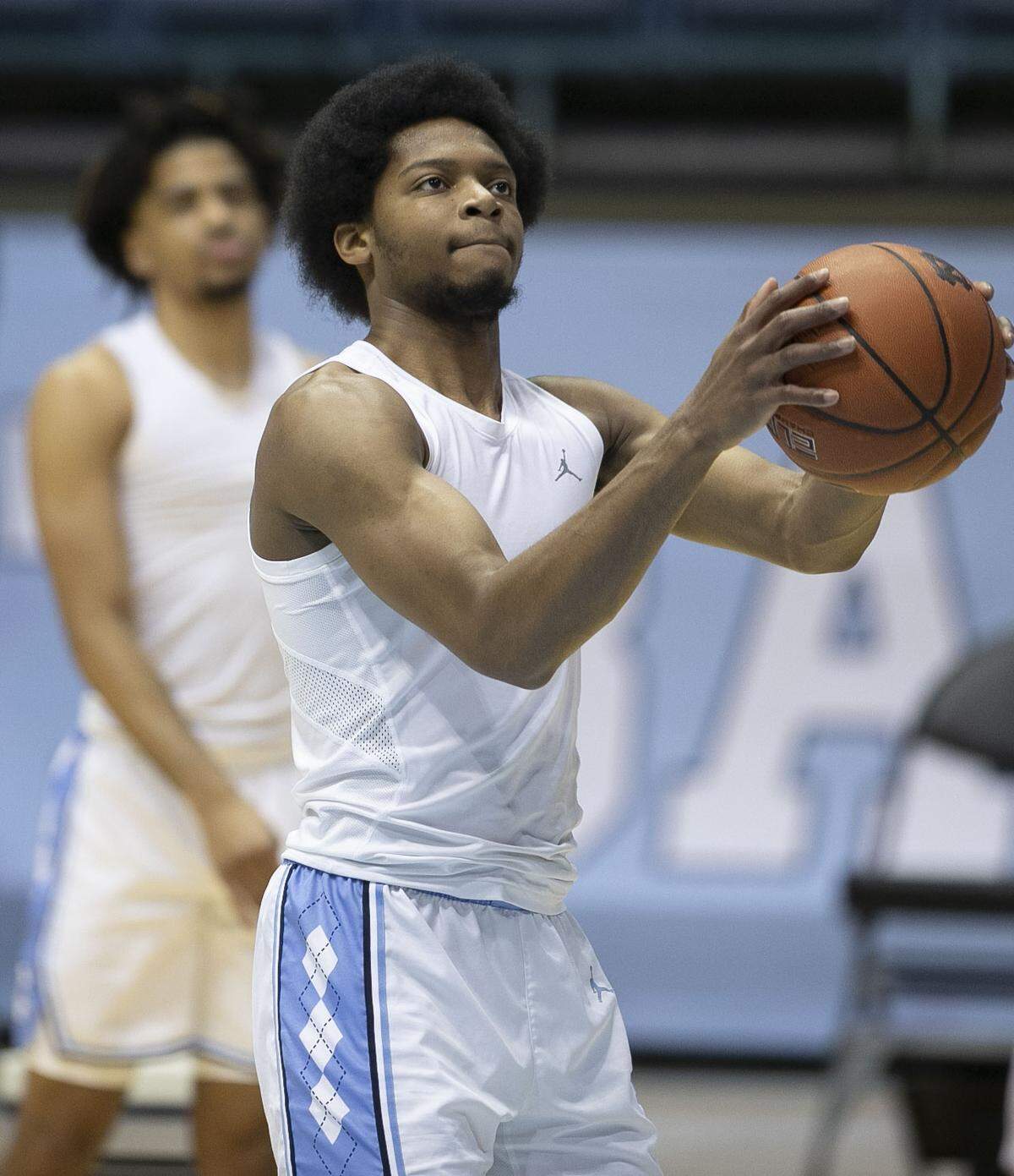 North Carolina’s Kerwin Walton (24) works on his shooting form prior to the Tar Heels’ game against Marquette on Wednesday, February 24, 2021 at the Smith Center in Chapel Hill, N.C.