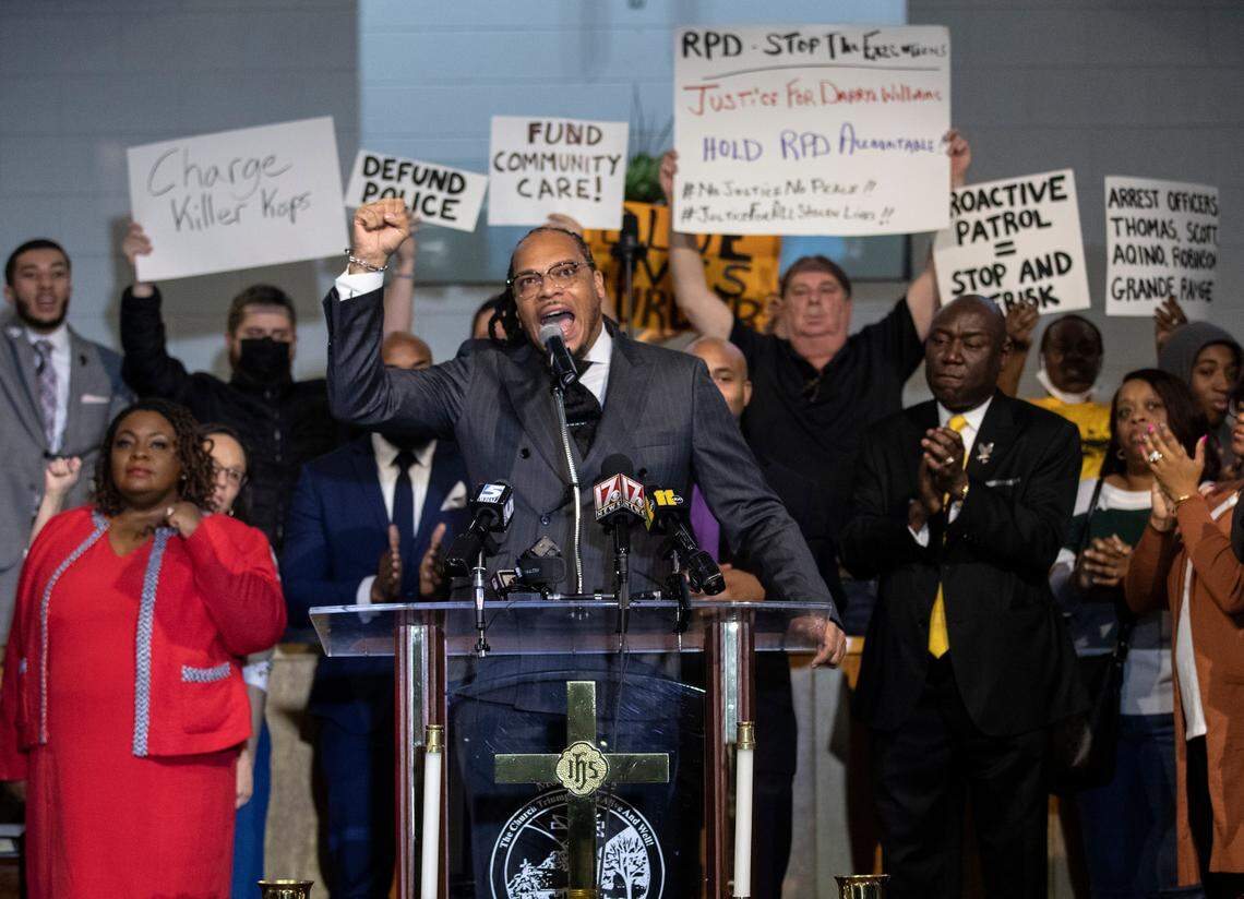 Rev. Greg Drumwright speaks during a press conference on Thursday, Feb. 16, 2023, at Mount Peace Baptist Church in Raleigh, N.C. Attorney Ben Crump called for charges against Raleigh police officers in the death of Darryl Williams, who died in police custody on Jan. 17.