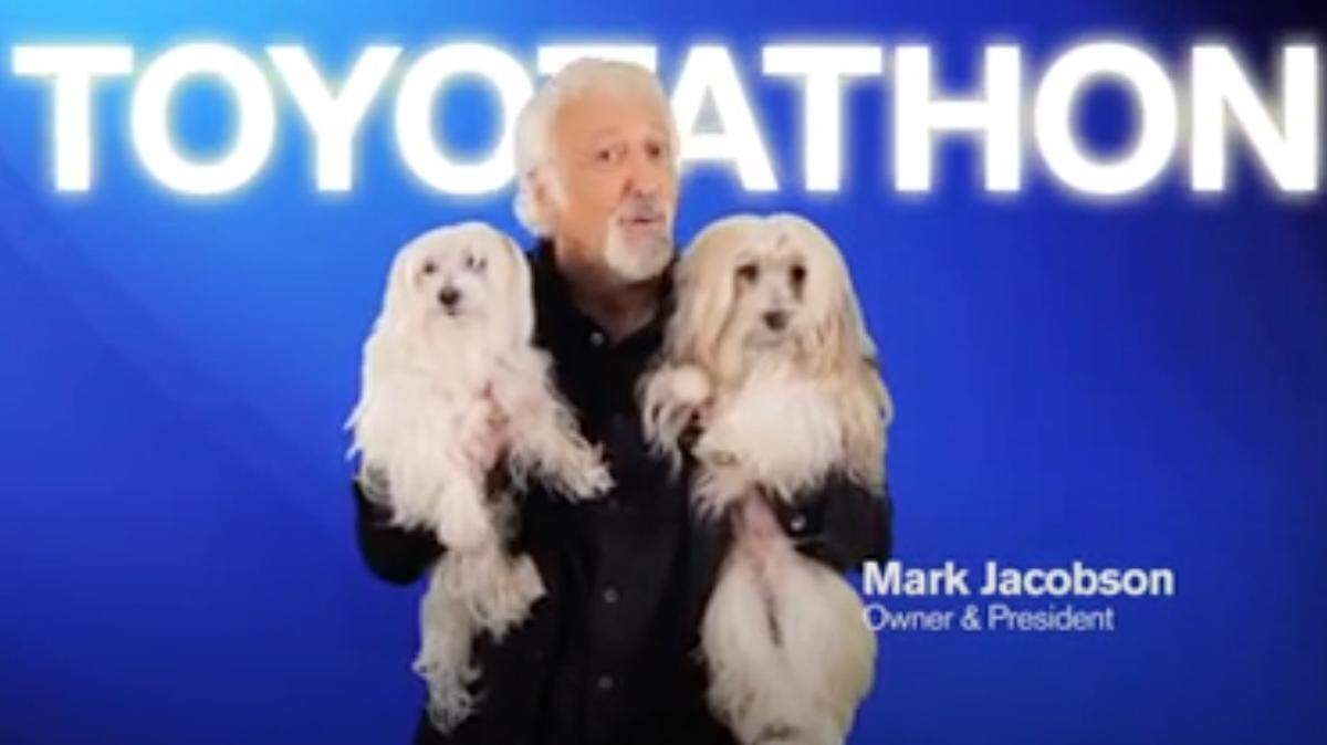 Mark Jacobson, owner and president of Mark Jacobson Toyota, appeared in many television commercials with his two dogs. Jacobson died in August 5, 2020.