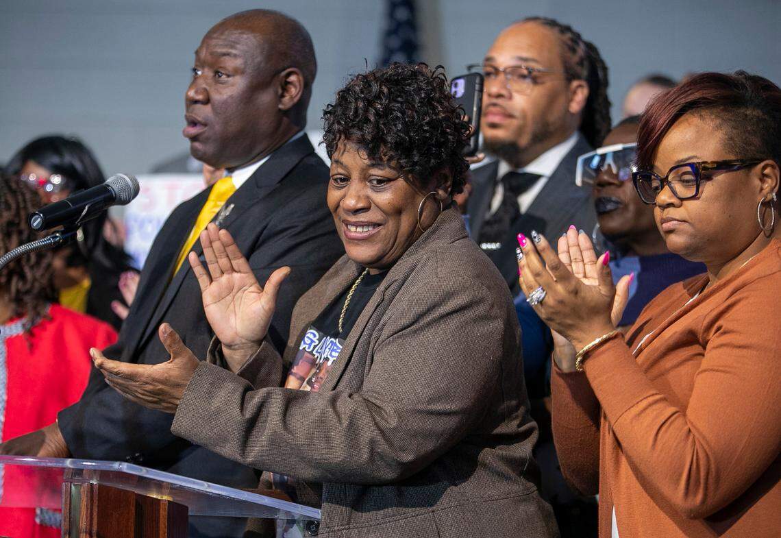 Sonya Williams, center, the mother of Darryl Williams, applauds the introduction of attorney Ben Crump during a press briefing on the death of Darryl Williams on Thursday, February 16. 2023 at Mount Peace Baptist Church in Raleigh, N.C. Williams was tased by Raleigh police in January. Crump has been retained by the Williams family, calling for the officers involved to be charged with manslaughter.