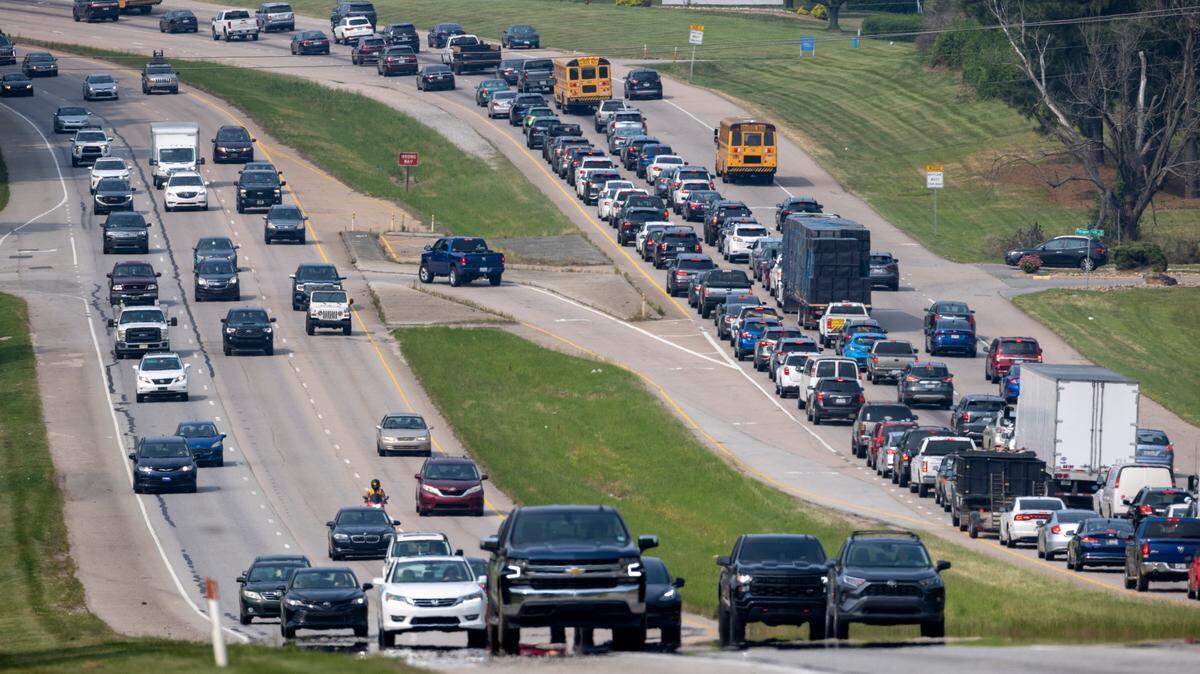 Rush-hour traffic is bumper to bumper on northbound U.S. 1 where it goes from three to two lanes between Interstate 540 and Durant Road on June 6, 2023.