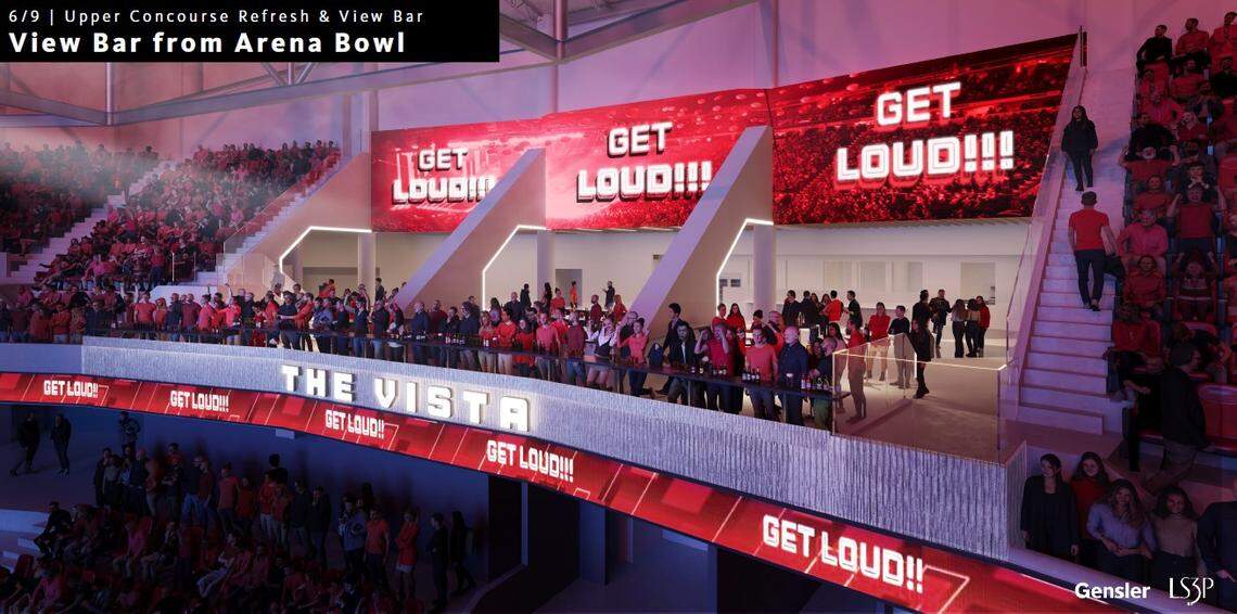 An imagining of a bar overlooking the arena bowl as a potential option for the renovation of PNC Arena. The Centennial Authority, which oversees the arena, saw concepts from its architect, Gensler, for the first time Thursday.