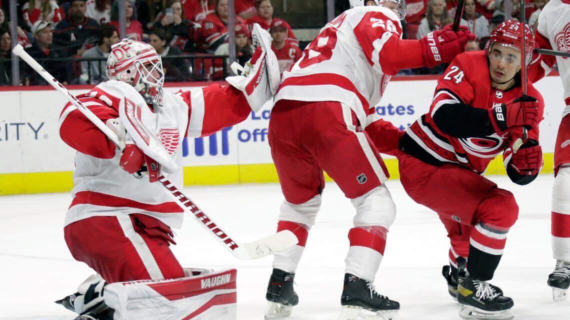 Detroit Red Wings goaltender Alex Nedeljkovic (39) gloves a shot while defenseman Gustav Lindstrom (28) guards Carolina Hurricanes center Seth Jarvis (24) during the second period of an NHL hockey game Thursday, April 14, 2022, in Raleigh, N.C. (AP Photo/Chris Seward)