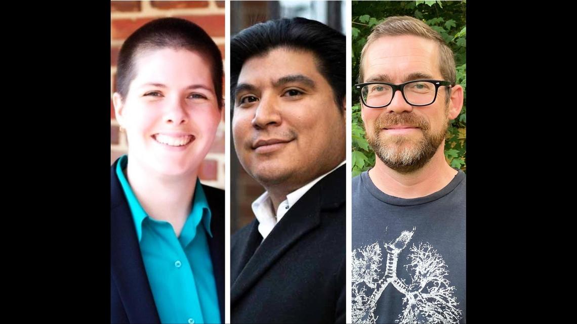 Catherine Fray (from left), incumbent Eliazar Posada and Jason Merrill led the Carrboro Town Council race on Tuesday, Nov. 7, 2023.