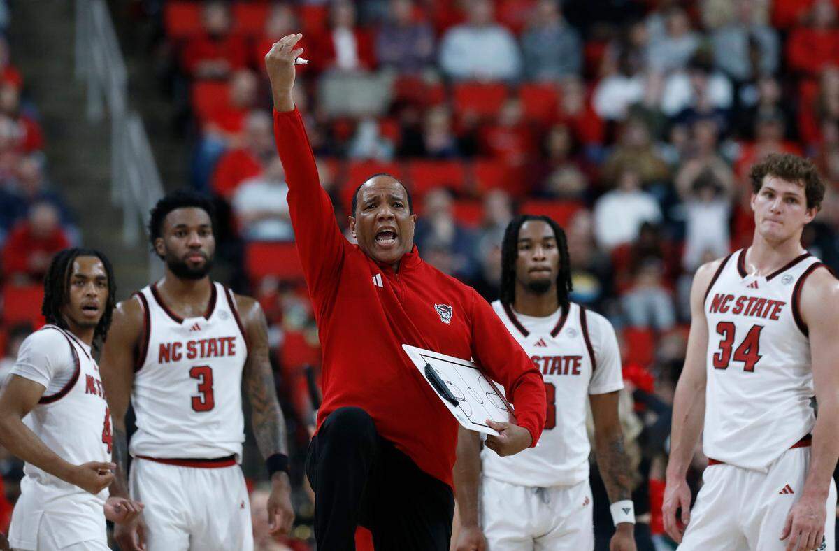 N.C. State head coach Kevin Keatts motions during a timeout in the first half of the Wolfpack’s 84-61 win over William & Mary at Lenovo Center on Friday, Nov. 22, 2024, in Raleigh, N.C.