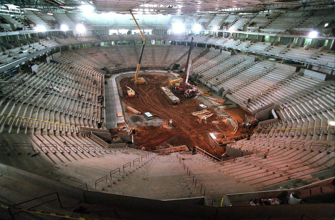 AREANACAM2.MW.040999.TSS--RALEIGH--A view from the second level of the new Entertainment and Sports Arena currently under construction. The Centennial Authority is installing an arena camera that will feed images to the World Wide Web and television to show progress in construction. This view is from the north end of the arena. staff/scott sharpe