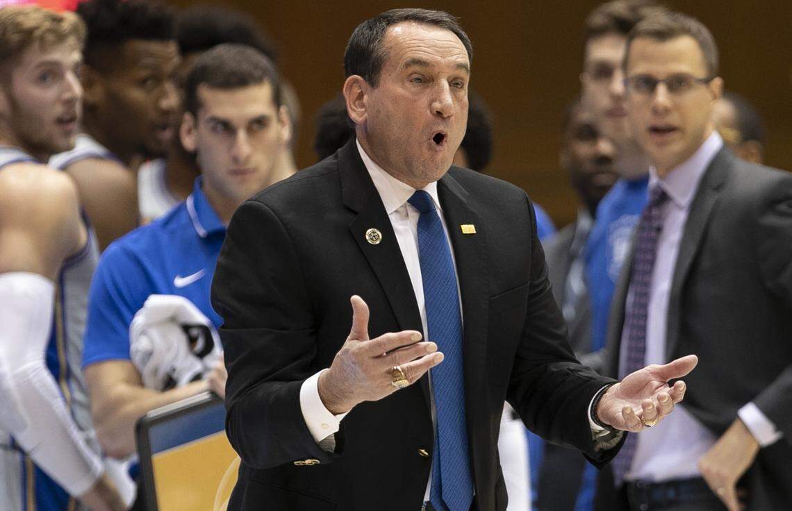 Duke coach Mike Krzyzewski directs his team during the first half against Central Arkansas on Tuesday, November 12, 2019 at Cameron Indoor Stadium in Durham, N.C.