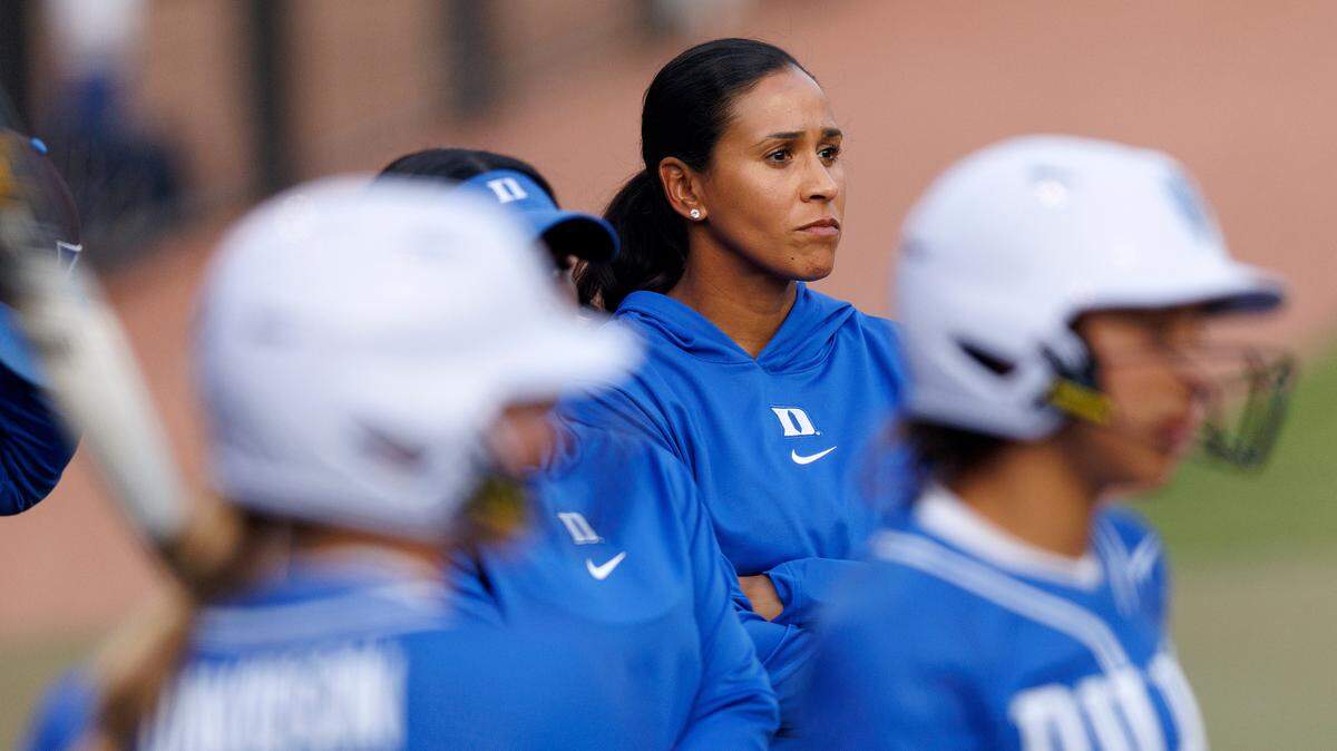 Duke head coach Marissa Young watches during the fourth inning of the Blue Devils’ 4-3 win over N.C. State on Friday, April 26, 2024, at Dail Softball Stadium in Raleigh, N.C.