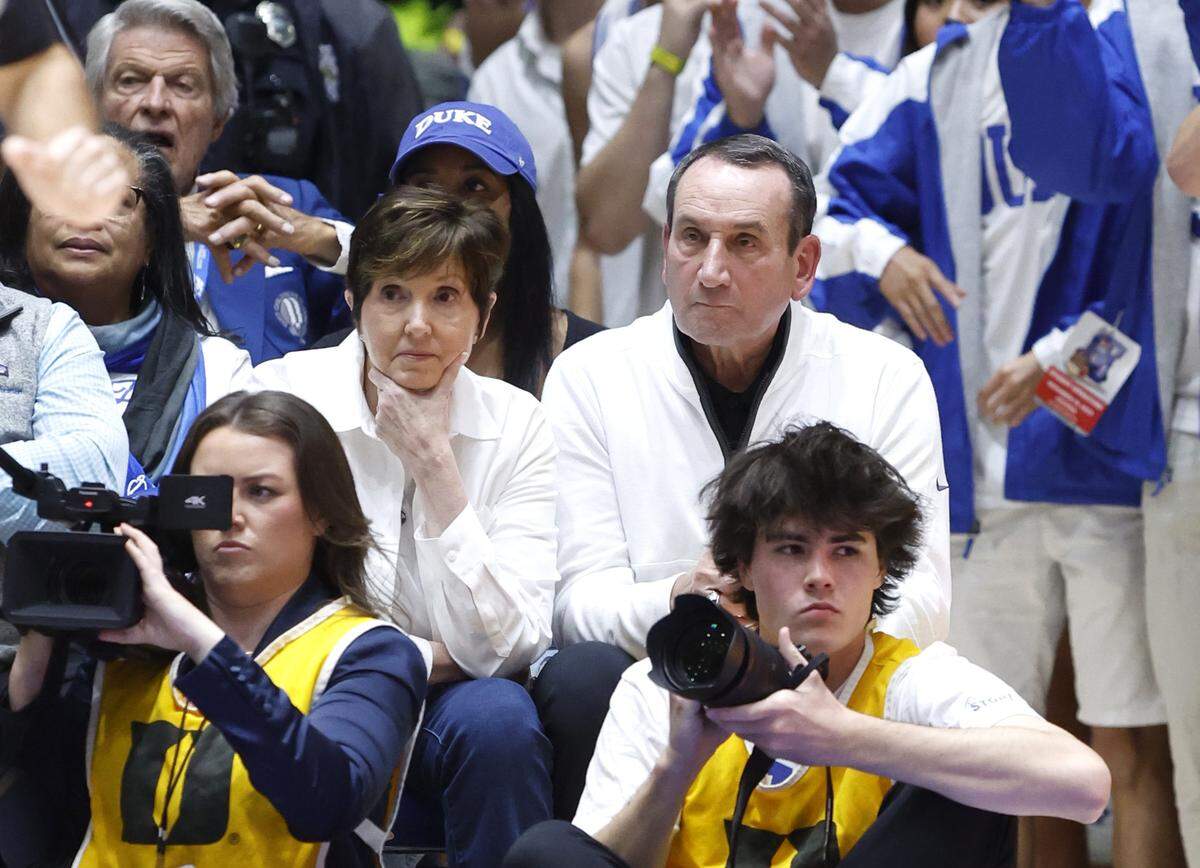 Former Duke head men’s basketball coach Mike Krzyzewski and his wife, Mickie, watch during the first half of Duke’s game against Arizona at Cameron Indoor Stadium in Durham, N.C., Friday, Nov. 10, 2023.