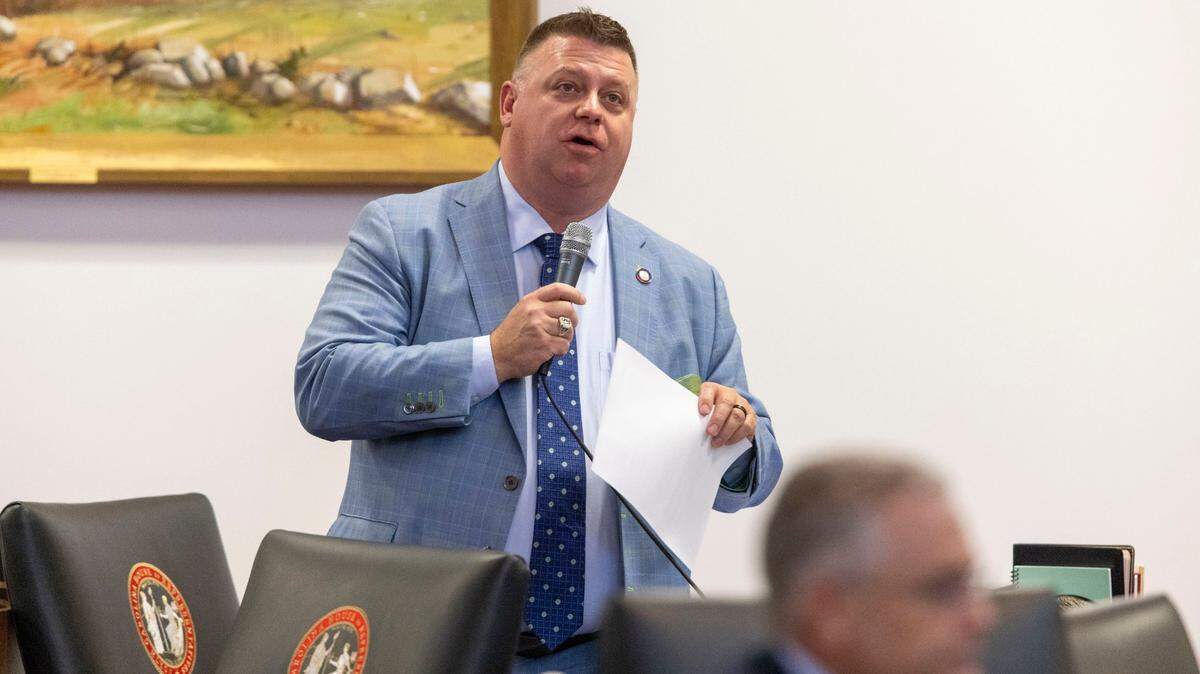Sports betting legislation sponsor Rep. Jason Saine speaks in favor of Senate Bill 38 on June 22, 2022, in Raleigh.