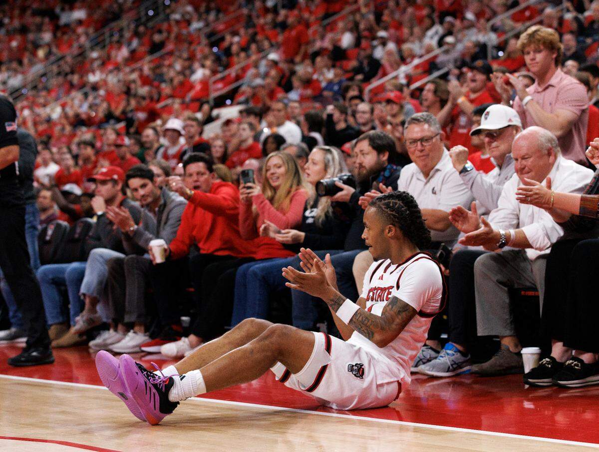 N.C. State’s Breon Pass reacts after being fouled on a three-point shot attempt during the first half of the Wolfpack’s 97-66 win over USC Upstate on Monday, Nov. 4, 2024, at Lenovo Center in Raleigh, N.C.
