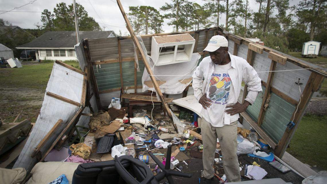 Tony Thompson was in his mobile home on Friday night when he says it exploded around him as Hurricane Florence moved inland over Newport, N.C. Thompson lost his home and most his possessions. He moved over to his sisters home to spend the night. Several hours later a large pine tree fell on her home but luckily it did not destroy her home or injure either of them. Thompson says he feels lucky to be alive.