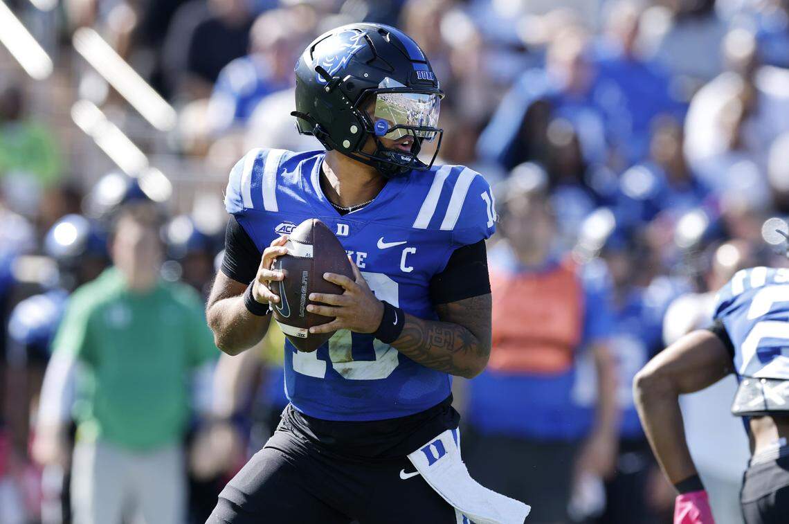 Duke quarterback Darian Mensah (10) looks for a receiver downfield during the second half of Georgia Tech’s 27-18 victory over Duke at Wallace Wade Stadium in Durham, N.C., Saturday, Oct. 18, 2025.