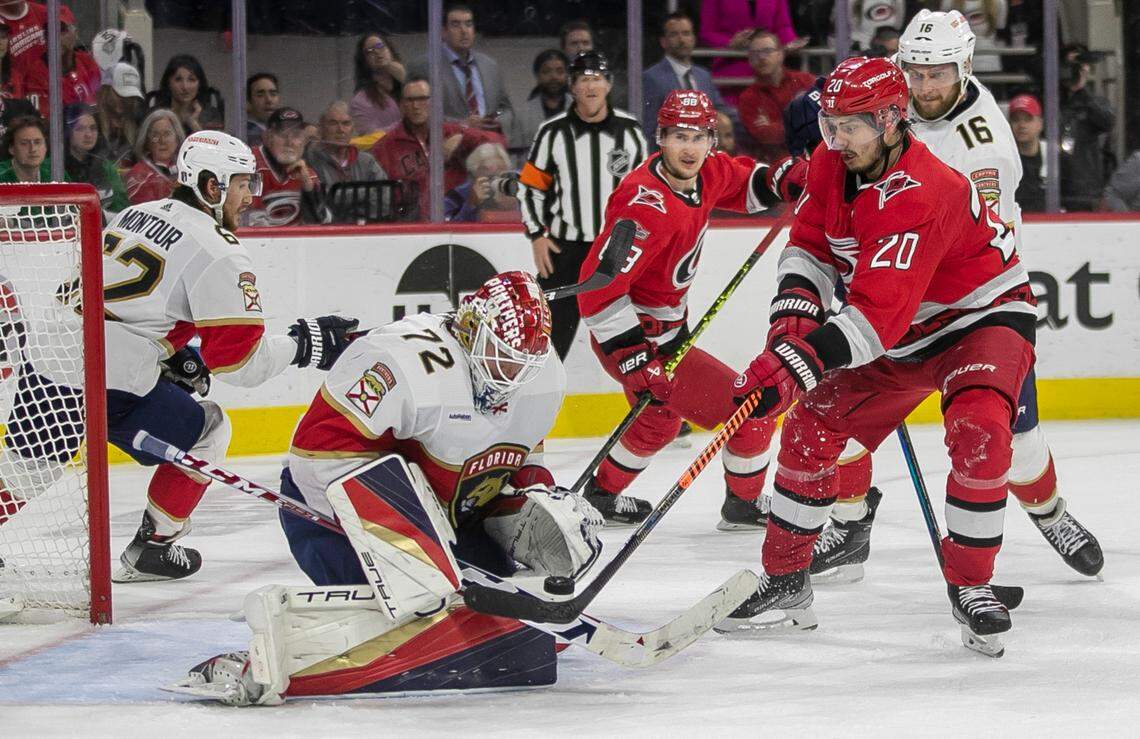The Carolina Hurricanes Sebastian Aho (20) tries to score on Florida Panthers goalie Sergei Bobrovsky (72) during quadruple overtime in Game 1 of the Eastern Conference Finals on Friday, May 19, 2023 at PNC Arena in Raleigh, N.C.