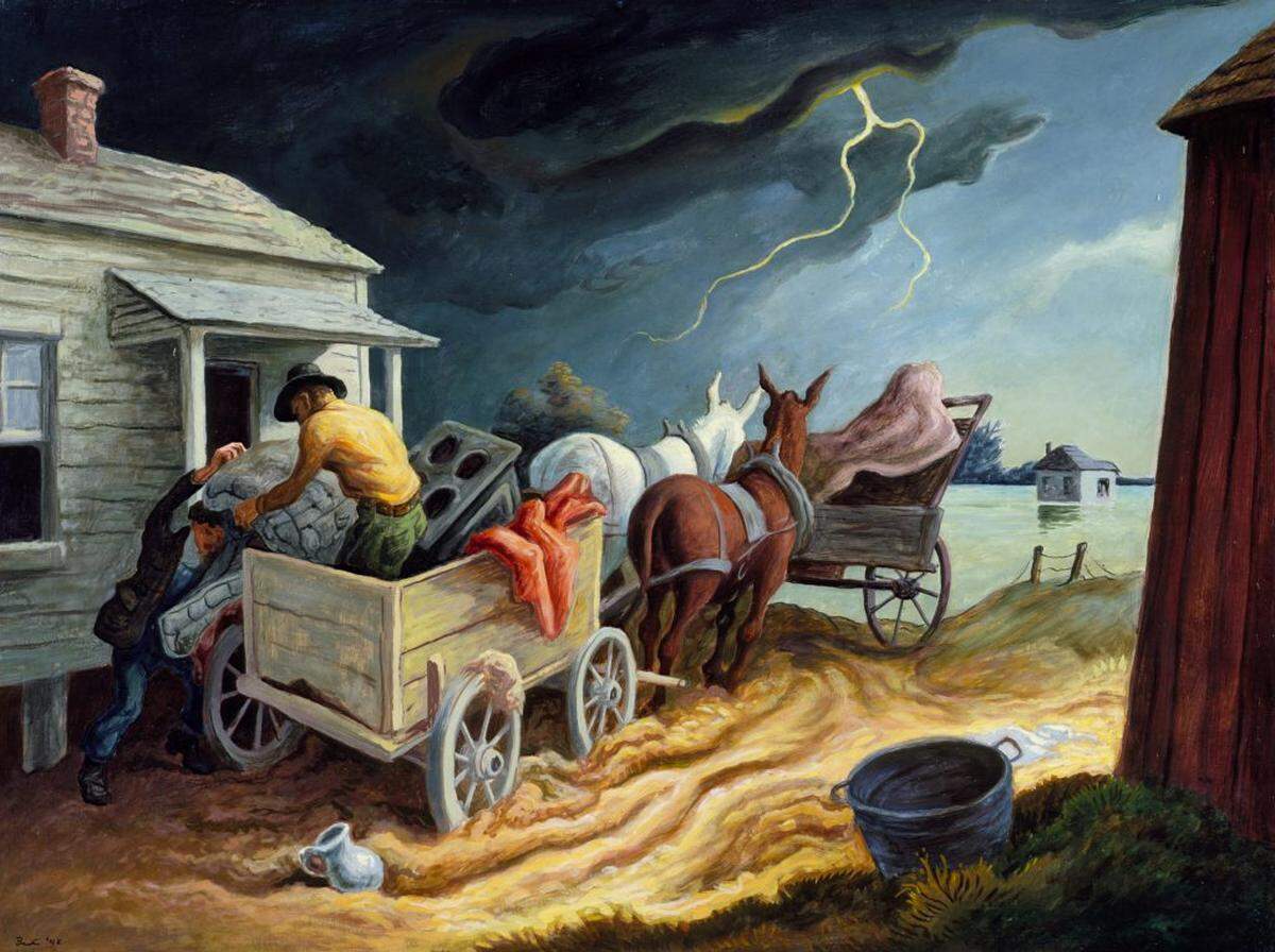 A painting titled “Spring on the Missouri” by Thomas Hart Benton, is on display at the North Carolina Museum of Art. It was previously owned by Harpo Marx.