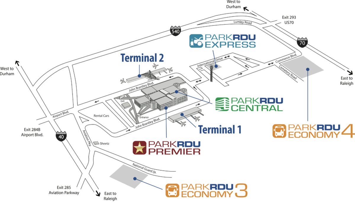 RDU International Airport parking map.