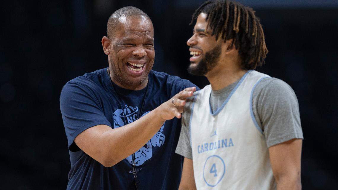 North Carolina coach Hubert Davis laughs with R.J. Davis (4) during the Tar Heels’ practice on Wednesday, March 27, 2024 at Crypto.com Arena in Los Angeles, CA. North Carolina will face Alabama in the NCAA Sweet Sixteen on Thursday.