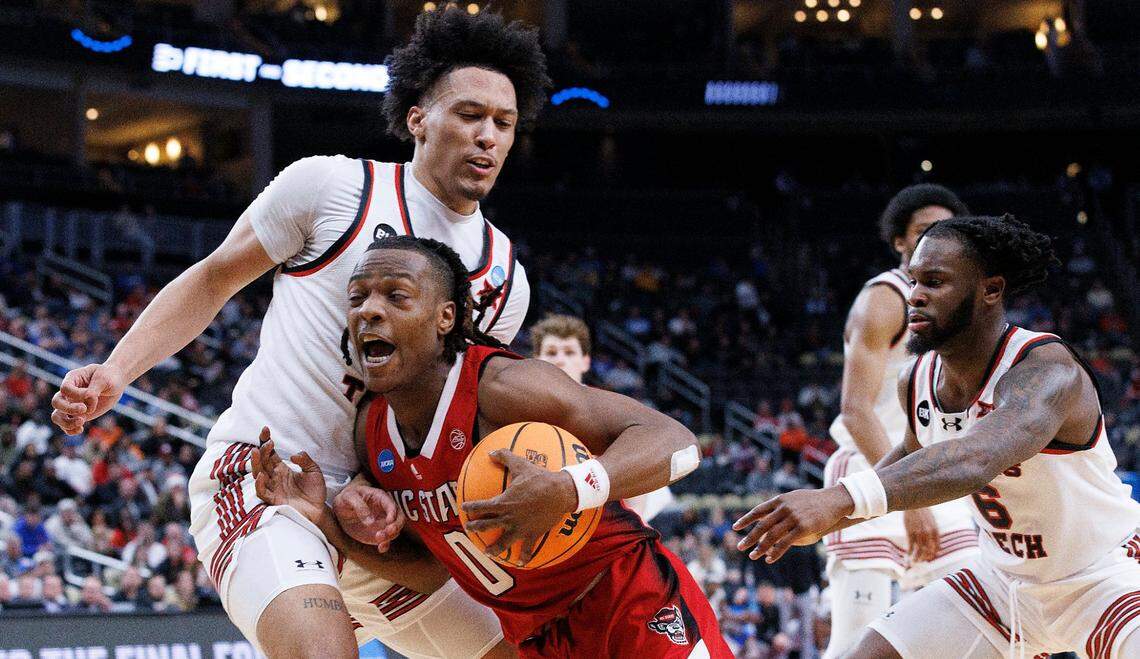 N.C. State’s DJ Horne drives against Texas Tech’s Darrion Williams during the second half of the Wolfpack’s 80-67 win in first round of the NCAA Tournament on Thursday, March 21, 2024, at PPG Paints Arena in Pittsburgh, Pa.