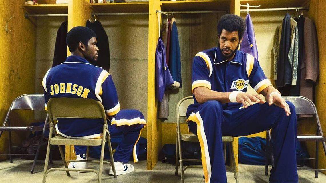 Quincy Isaiah as Magic Johnson and Solomon Hughes as Kareem Abdul-Jabbar in the HBO series “Winning Time: The Rise of the Lakers Dynasty.”