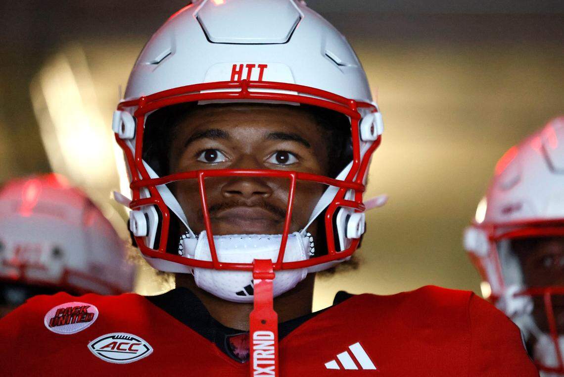 N.C. State wide receiver KC Concepcion (10) gets ready to head out onto the field to warmup before N.C. State’s game against Western Carolina at Carter-Finley Stadium in Raleigh, N.C., Thursday, August 29, 2024.