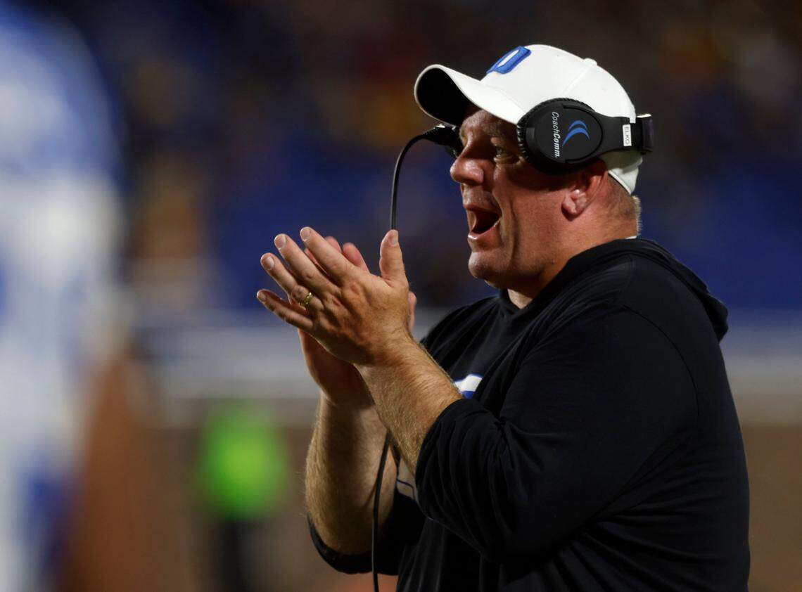 Duke Blue Devils head coach Mike Elko applauds his team during the second half of Dukes game against North Carolina A&T at Wallace Wade Stadium in Durham, N.C. on Saturday, Sept. 17, 2022.