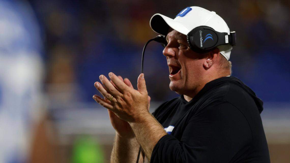 Duke Blue Devils head coach Mike Elko applauds his team during the second half of Dukes game against North Carolina A&T at Wallace Wade Stadium in Durham, N.C. on Saturday, Sept. 17, 2022.