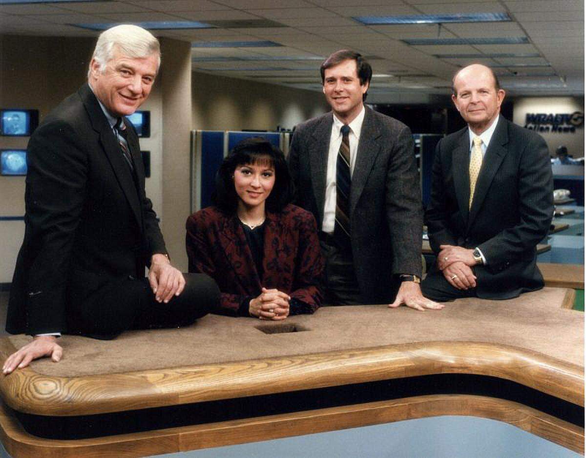 WRAL’s Charlie Gaddy (left) with members of the station’s news team Adele Arakawa, Tom Suiter and Bob DeBardelaben in the 1980’s.
