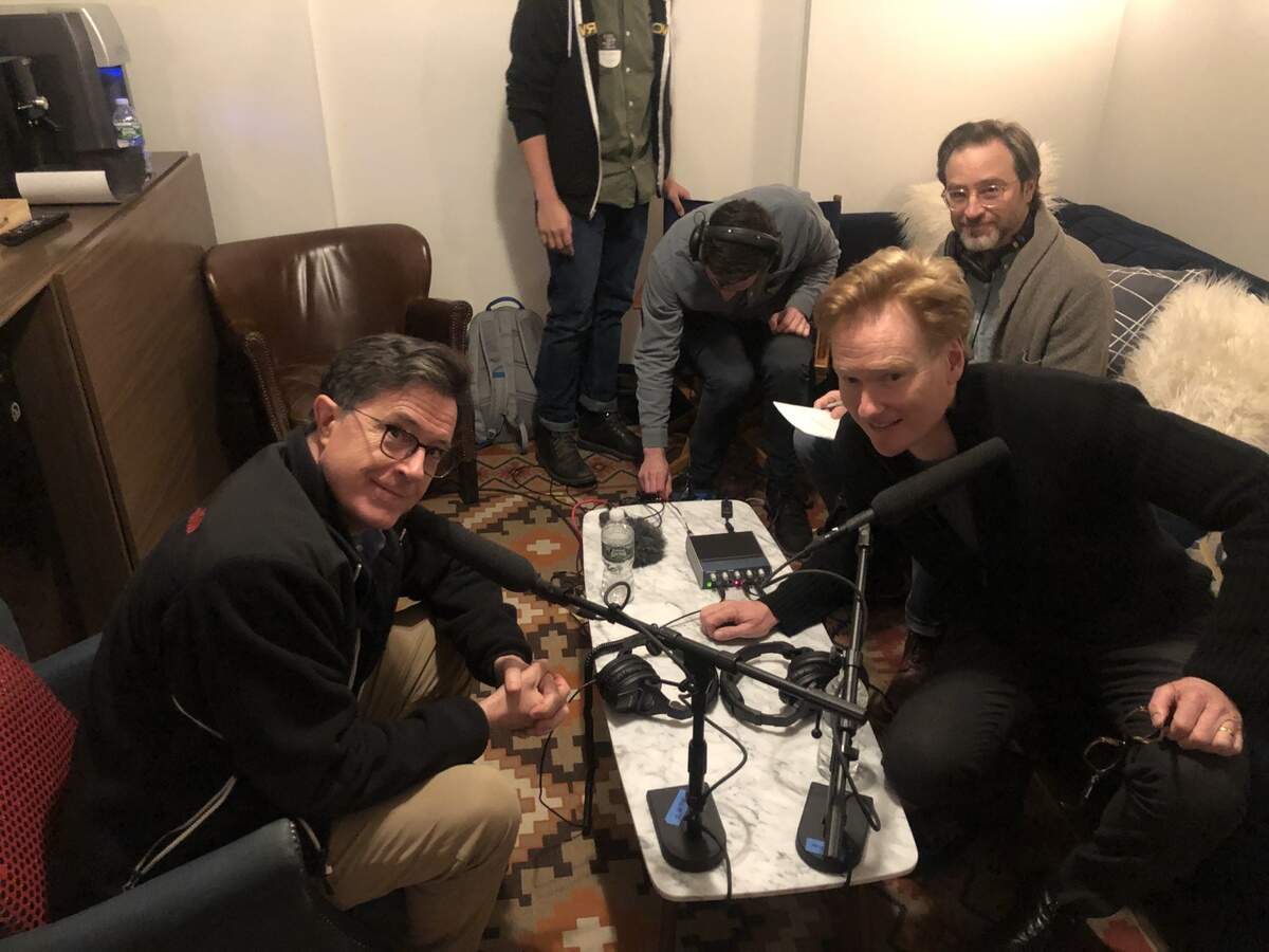 Conan O’Brien interviews fellow talk-show host Stephen Colbert for the Feb. 10, 2019, episode of O’Brien’s podcast, “Conan O’Brien Needs a Friend.”