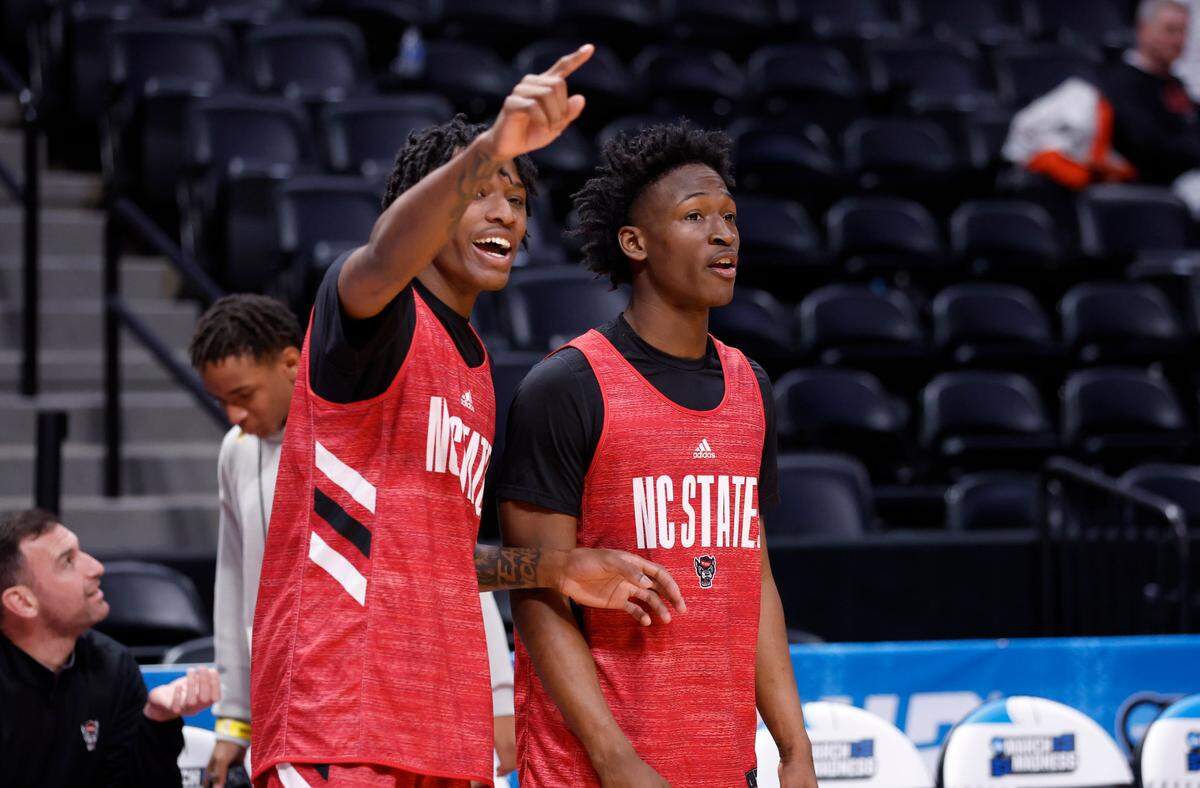 N.C. State’s Terquavion Smith, left, and Jarkel Joiner practice with the team at Ball Arena in Denver, Co. Thursday, March 16, 2023. The Wolfpack will face Creighton in the first round of the NCAA Tournament Friday.