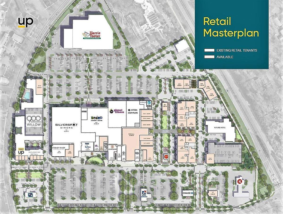 A Ram Realty leasing site plan shows new retail and office spaces that are being marketed as construction on the redevelopment project at Willow Drive, Fordham Boulevard and Estes Drive in Chapel Hill gets underway.